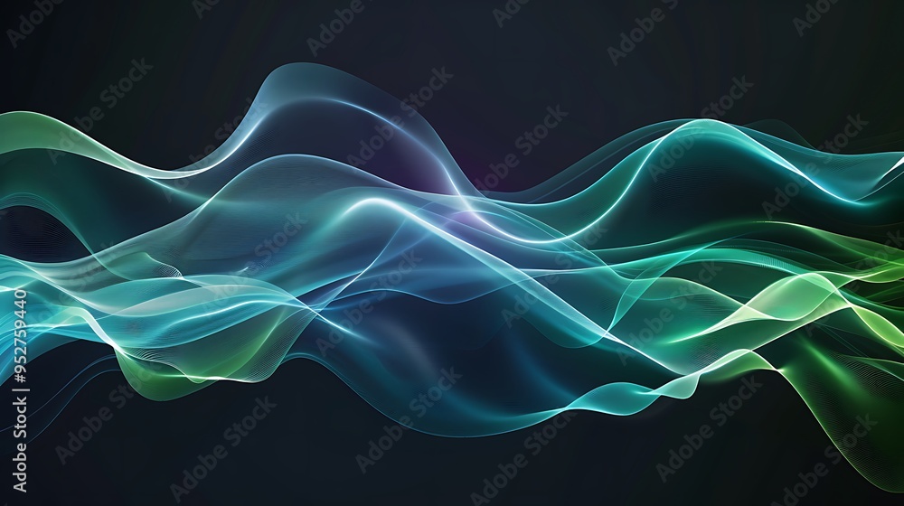 Poster abstract vector wave lines in flowing blue-green hues, isolated against a black background, creating
