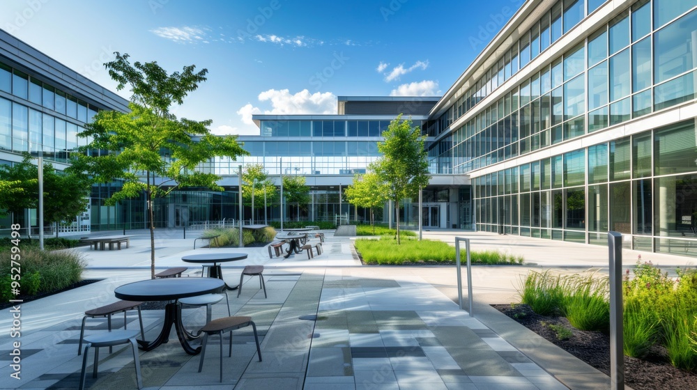 Aufkleber a large glass building with a courtyard in the middle
