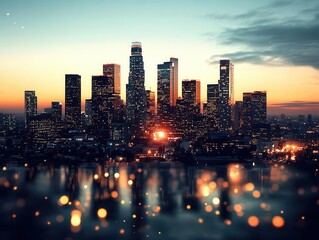Obraz premium Stunning sunset cityscape with vibrant city lights and modern skyscrapers.