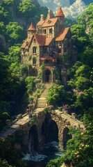 Naklejka premium Ancient Ruins Hidden in a Sunlit, Lush Forest