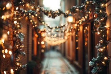 Obraz premium Cozy alley adorned with festive Christmas lights.