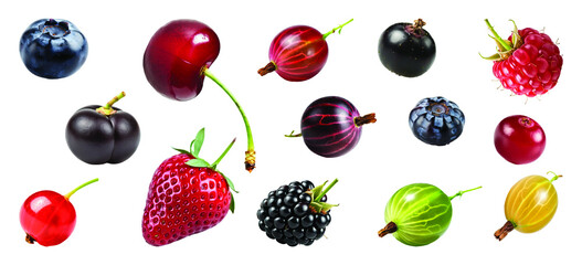 A vibrant assortment of colorful berries on a white background.