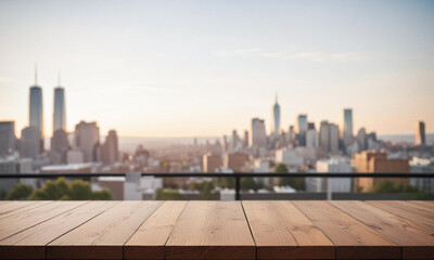 Obraz premium Wooden table with a blurred background of a vibrant city skyline at dusk, seen through large glass windows. 