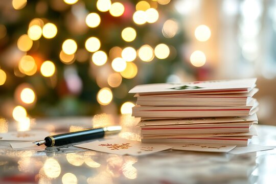 Stack of Christmas cards, pen, lights, holiday preparations