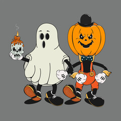 Spooky with a skull and a candle in his hand and a pumpkin-headed jack lantern. Cartoon Halloween characters. Vector illustration.