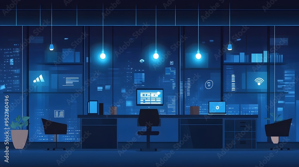 Poster sleek graphic depicting smart office lighting system controlled by advanced iot devices showcasing t