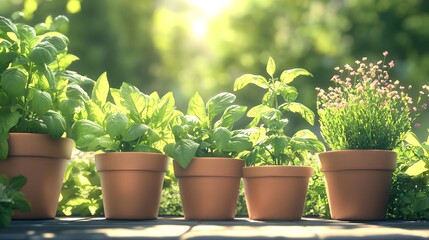 Fototapeta premium Herb garden featuring pots of fresh basil, mint, and rosemary in bright sunlight