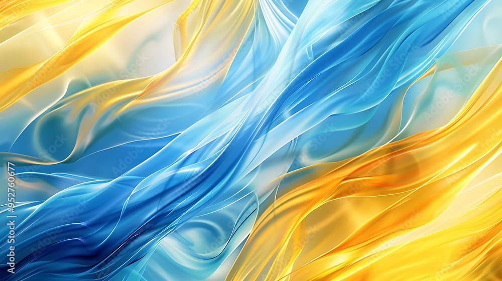 Poster blue and yellow waves moving dynamically in an abstract background, blending colors in a fluid and e