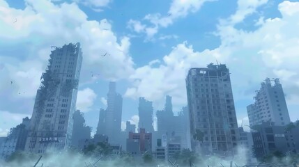 Obraz premium A dramatic view of a post-apocalyptic city skyline under a cloudy sky, showcasing crumbling buildings and a desolate atmosphere.