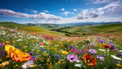 Fototapeta premium A vibrant field of wildflowers in full bloom against a backdrop of rolling hills and a deep blue sky dotted with white clouds. Ideal for nature and travel themes.