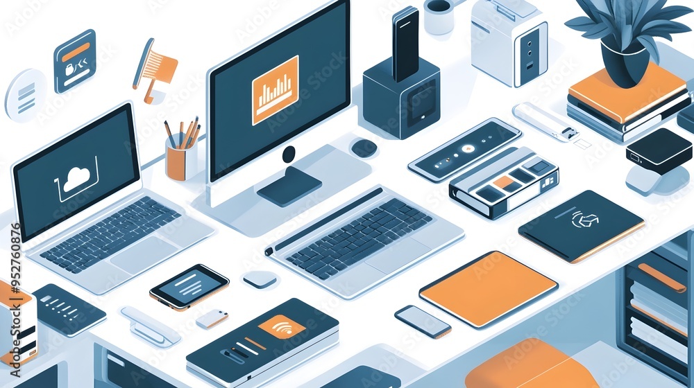 Poster sleek and futuristic smart office desk equipped with wireless iot enabled devices and charging solut