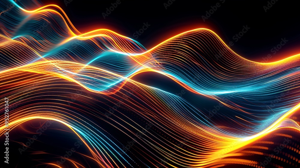 Poster bright neon-colored lines in orange and blue, curving dynamically like lasers on a deep black backgr