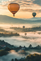 Aerial View Hot Air Balloons Over Mist. Hot air balloons over misty mountain landscape at sunrise, ideal for travel and tourism.