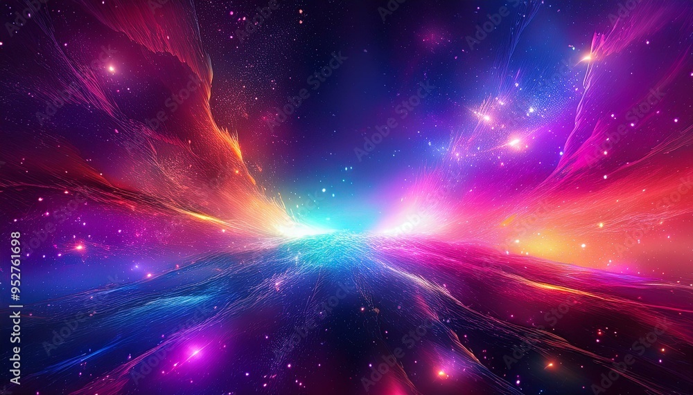 Wall mural a cosmic abstract background with a mix of colorful neon lights and a galaxy of particles.