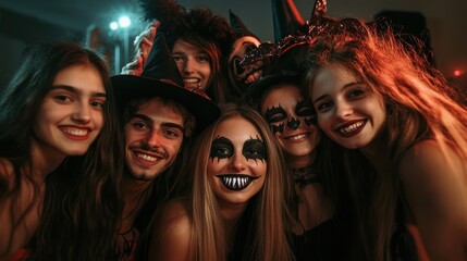 Spooky Fun in the Photo Booth - Group of Friends Wearing Halloween Props like Witch Hats and Fangs