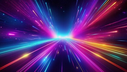 Fototapeta premium A cosmic abstract background with a mix of colorful neon lights and a galaxy of particles.