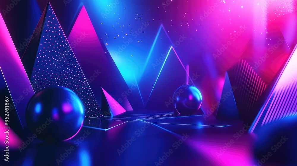 Poster a vibrant digital background with 3d geometric patterns and abstract shapes in futuristic blue and p
