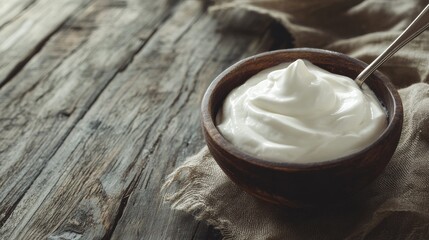 Healthy Greek yogurt on wood.