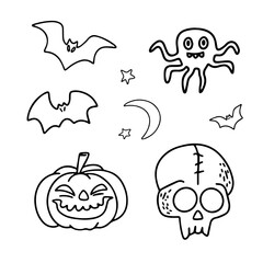 Vector set. Halloween doodle. Pumpkin, skull, bats, monster, moon and stars. Halloween monster face. Doodle on a white background. Design elements