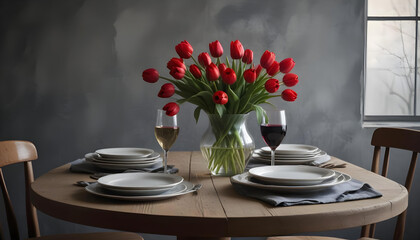 A wooden dining table set for four with red tulips in a vase and wine glasses, creating a cozy atmosphere.
