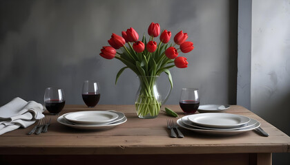 A wooden dining table set for four with red tulips in a vase and wine glasses, creating a cozy atmosphere.
