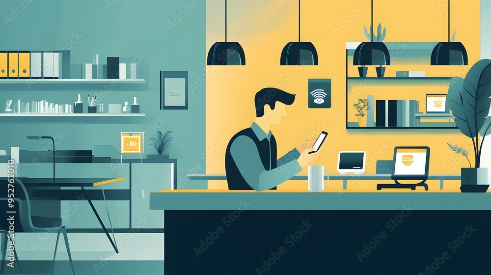 Poster graphic depicting an employee using a smartphone to control and monitor various iot internet of thin