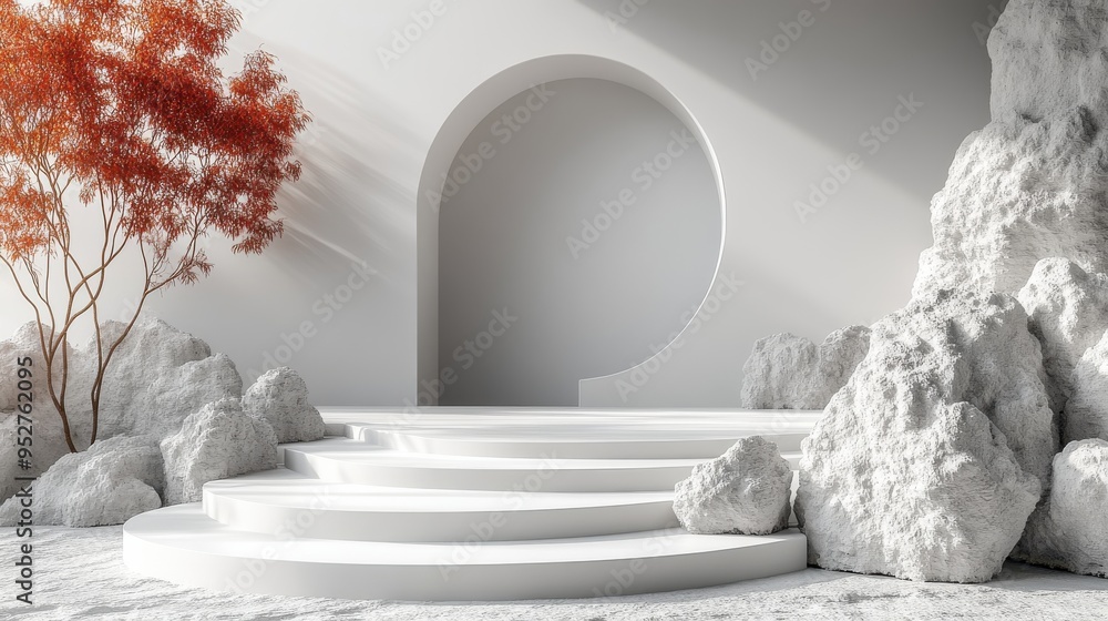 Poster 3d render of an abstract minimalist geometric background featuring an empty podium with white rocks 