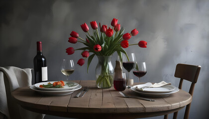 A wooden dining table set for four with red tulips in a vase and wine glasses, creating a cozy atmosphere.
