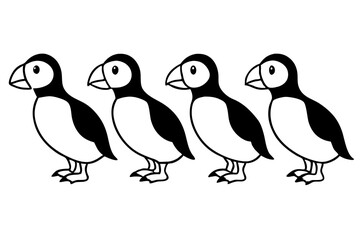 Four Puffins Linear Vector Art on White Background