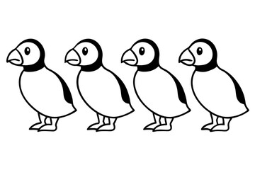 Four Puffins Linear Vector Art on White Background