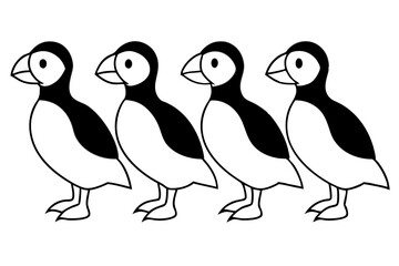 Four Puffins Linear Vector Art on White Background