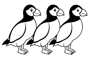 Four Puffins Linear Vector Art on White Background