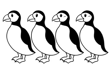 Four Puffins Linear Vector Art on White Background