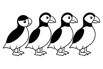 Four Puffins Linear Vector Art on White Background