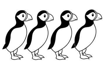 Four Puffins Linear Vector Art on White Background