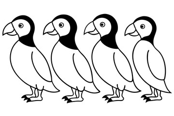 Four Puffins Linear Vector Art on White Background
