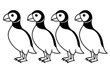 Four Puffins Linear Vector Art on White Background