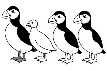 Fototapeta premium Four Puffins Linear Vector Art on White Background