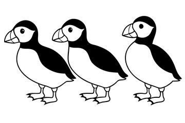 Four Puffins Linear Vector Art on White Background