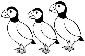 Four Puffins Linear Vector Art on White Background