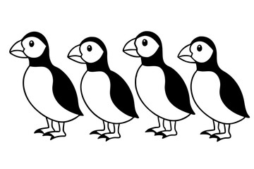 Four Puffins Linear Vector Art on White Background
