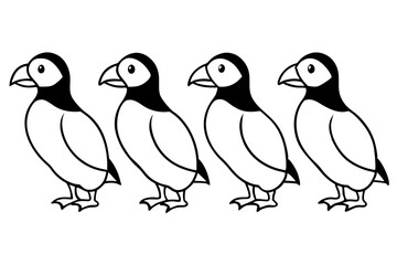 Four Puffins Linear Vector Art on White Background
