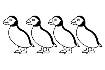 Four Puffins Linear Vector Art on White Background