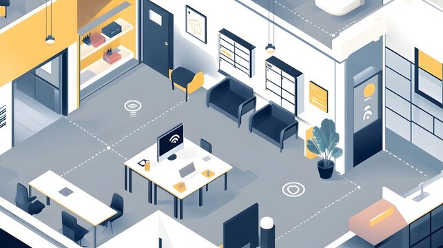 Graphic of IoT Powered Occupancy Sensors Optimizing Space and Enhancing Efficiency in a Smart Office Environment
