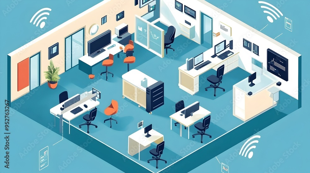 Poster innovative graphic depicting iot powered occupancy sensors optimizing space and improving efficiency