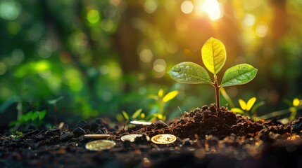 Green Plant Sprouting From Soil With Coins - Nature, Growth, Investment