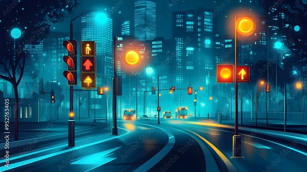 Poster graphic depicting smart traffic lights controlled by iot technology to optimize urban traffic flow r