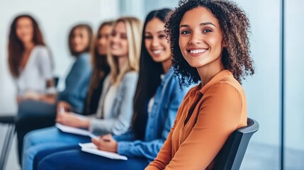 Fototapeta premium Group of Diverse female Job Seekers in Modern Office Lobby Professional Attire Happy Business Casual