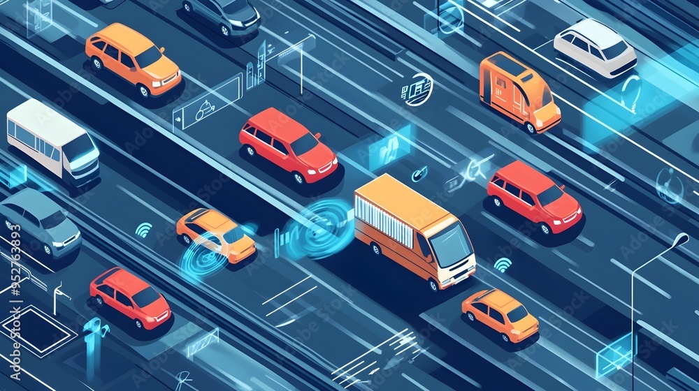 Poster graphic depicting vehicles connected through internet of things iot devices enabling better communic