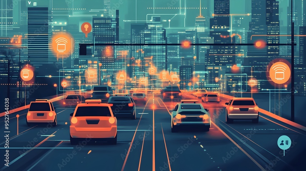 Poster a graphic depicting iot based sensors monitoring and analyzing traffic flow and congestion in a mode